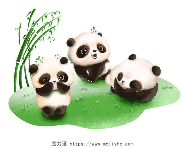 熊猫聚会卡通人物草地游玩PNG素材